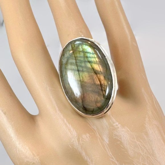 Labradorite Ring, Sterling Silver, Long, Large Stone, Big Statement, Size 9 - Picture 1 of 4